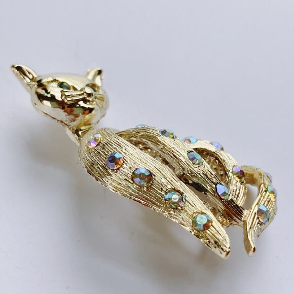 VTG Mid Century Creepy Cute Brooch Cat Figural Rhinestone Gold Tone Kitschy Pin - Picture 4 of 11